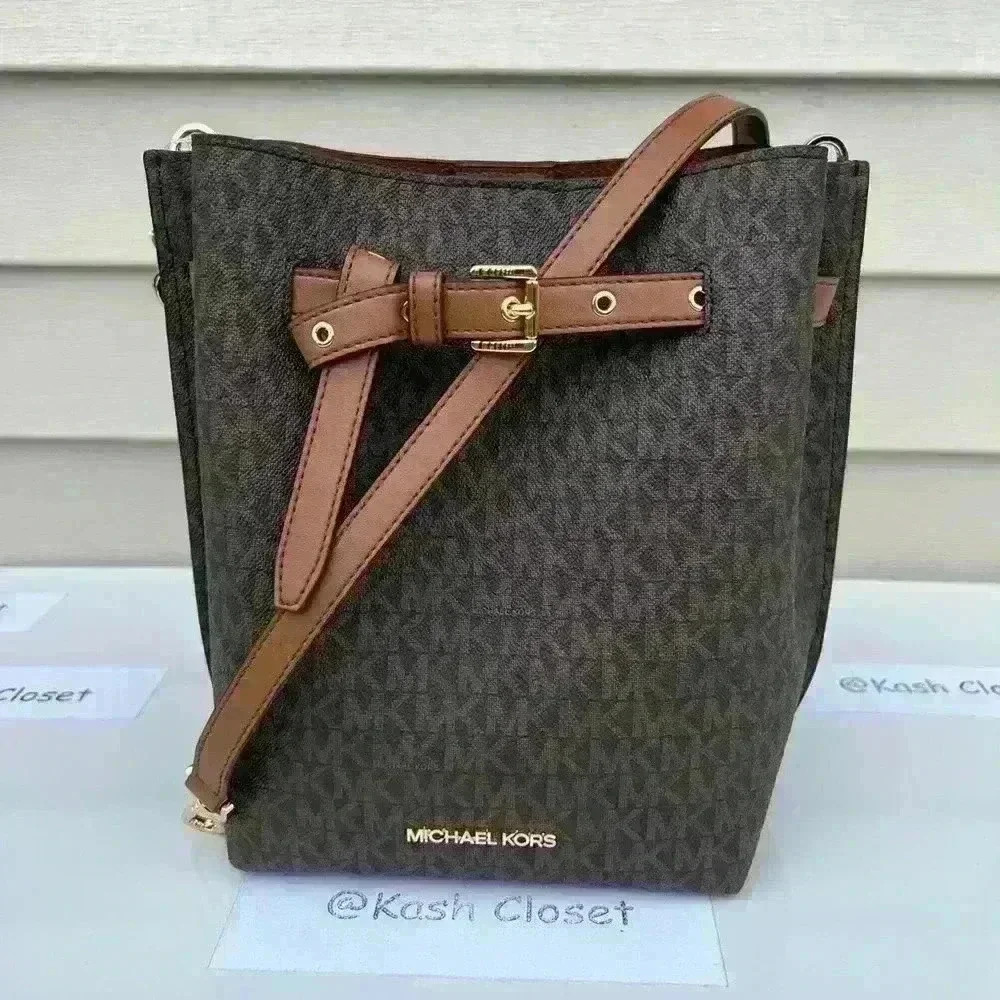 Michael Kors Bucket Bag Emilia Small Drawstring Crossbody MK Signature Brown